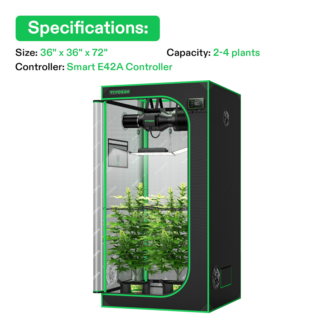VIVOSUN Smart Growbox Komplettset 90x90x180cm mit AeroLight Wing 200W und E42A Controller