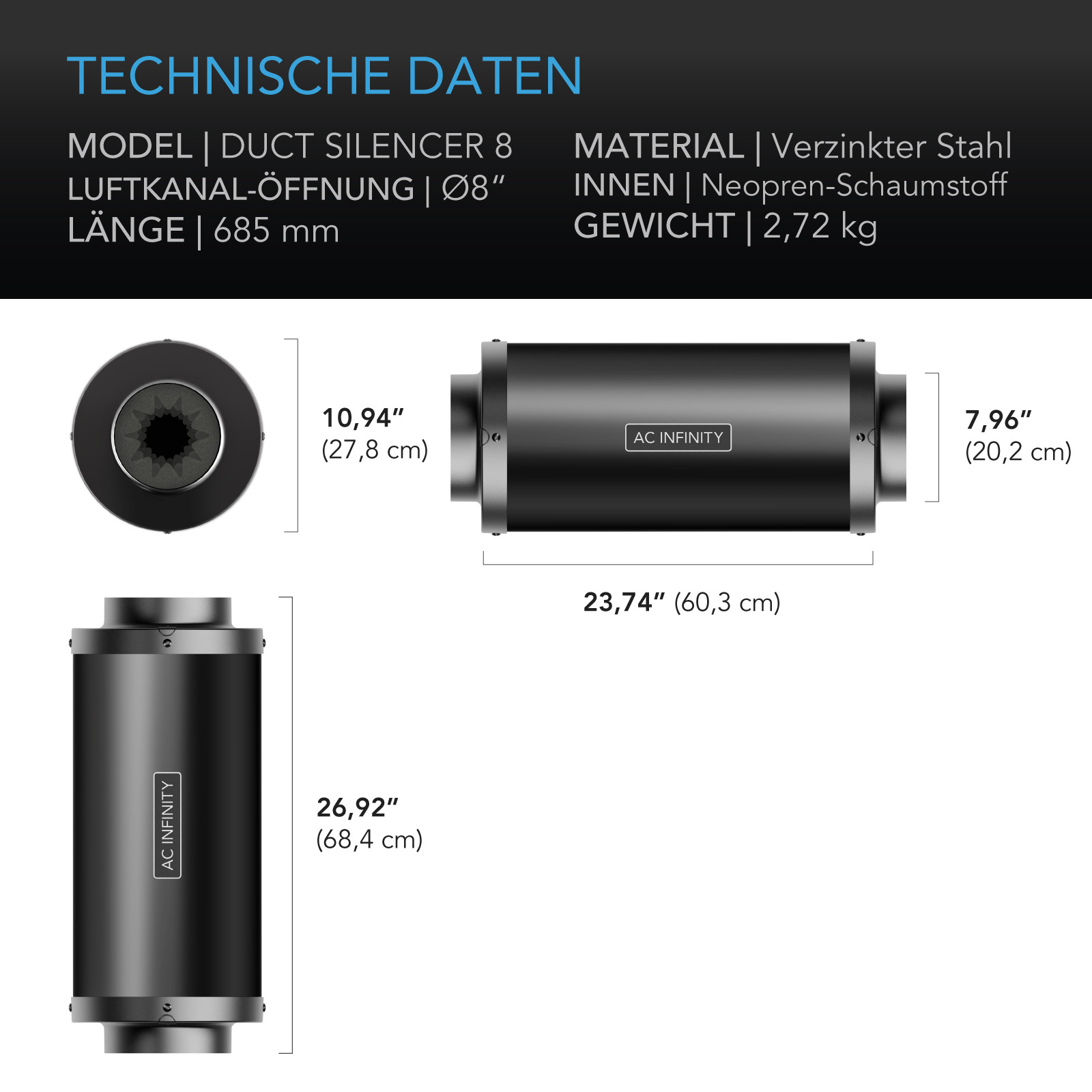 Maße und technische Daten des AC Infinity Duct Silencer 8 mit 200-mm-Anschluss, 68,5 cm Länge und 2,72 kg Gewicht