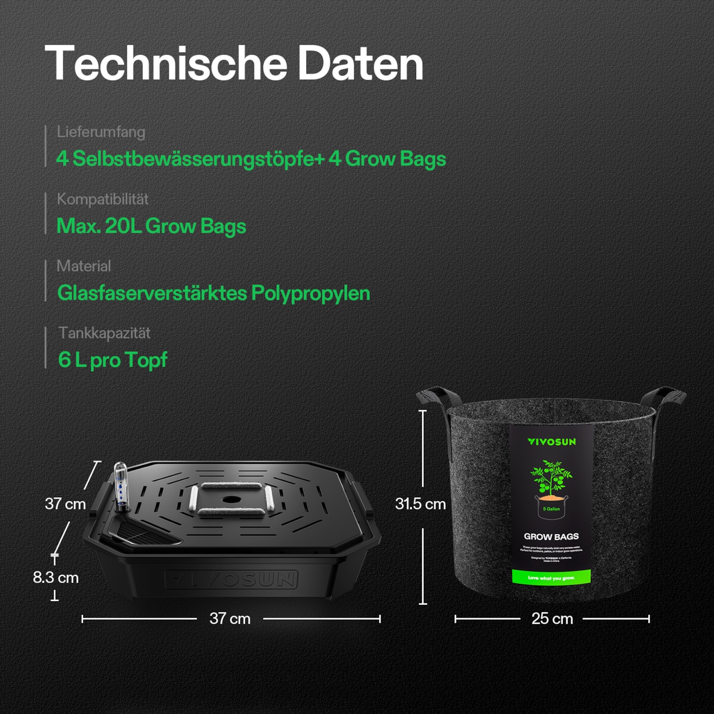 VIVOSUN FlexFeed Selbstbewässerungs Set mit 19 L Stofftöpfen 4er-Pack