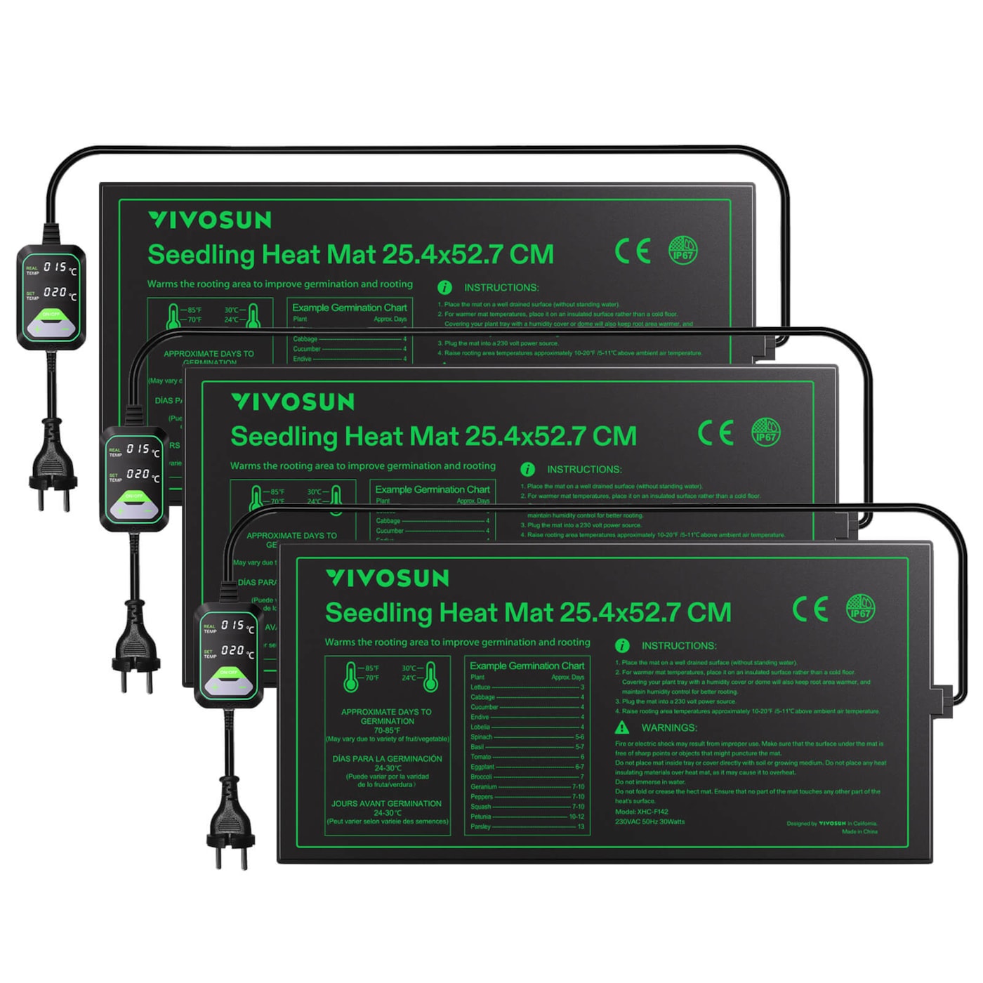 VIVOSUN Heizmatte 25,4 × 52,9 cm mit digitalem Thermostat - 3er Pack