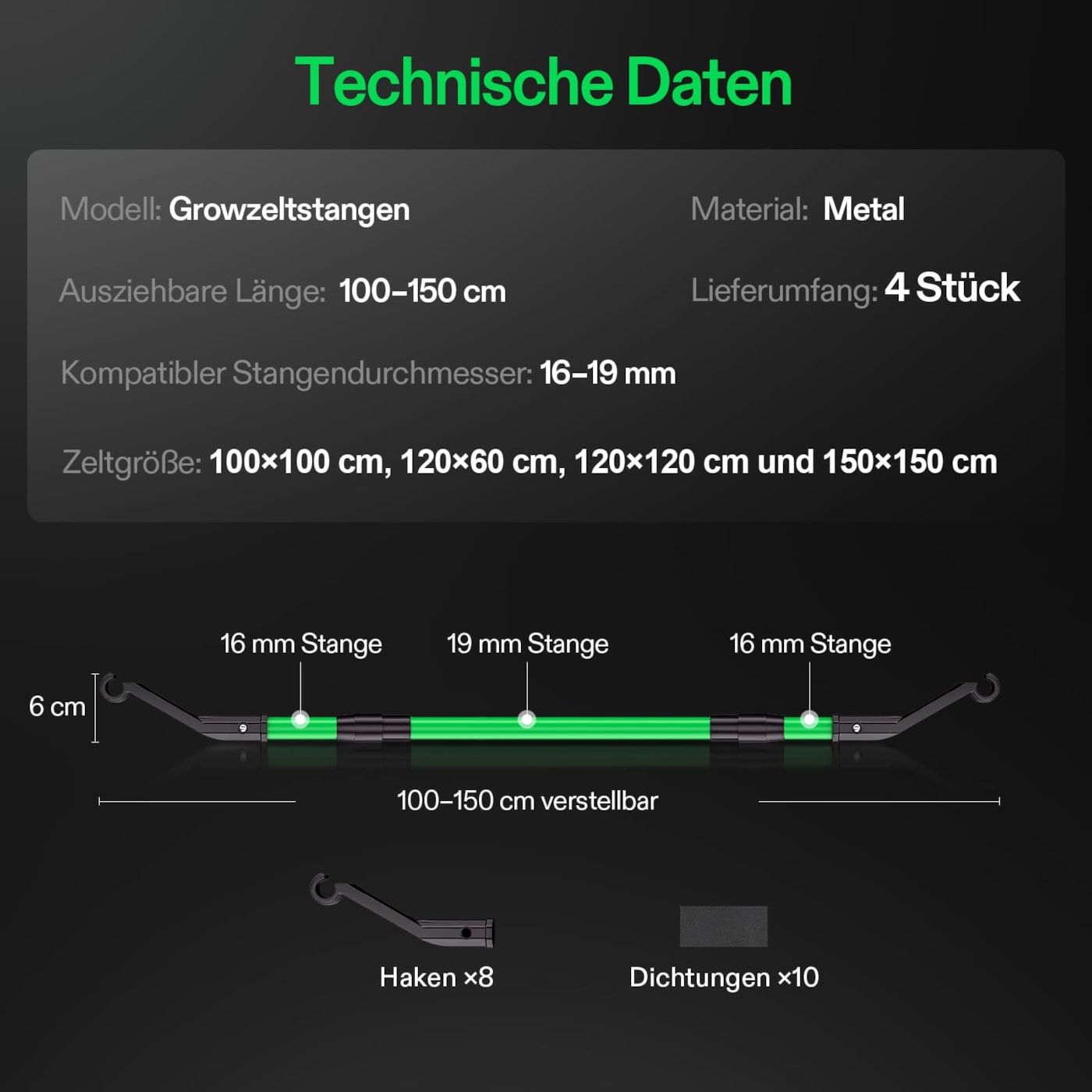 VIVOSUN High CFM Stangen Set 100–150 cm für Growbox und Growzelt