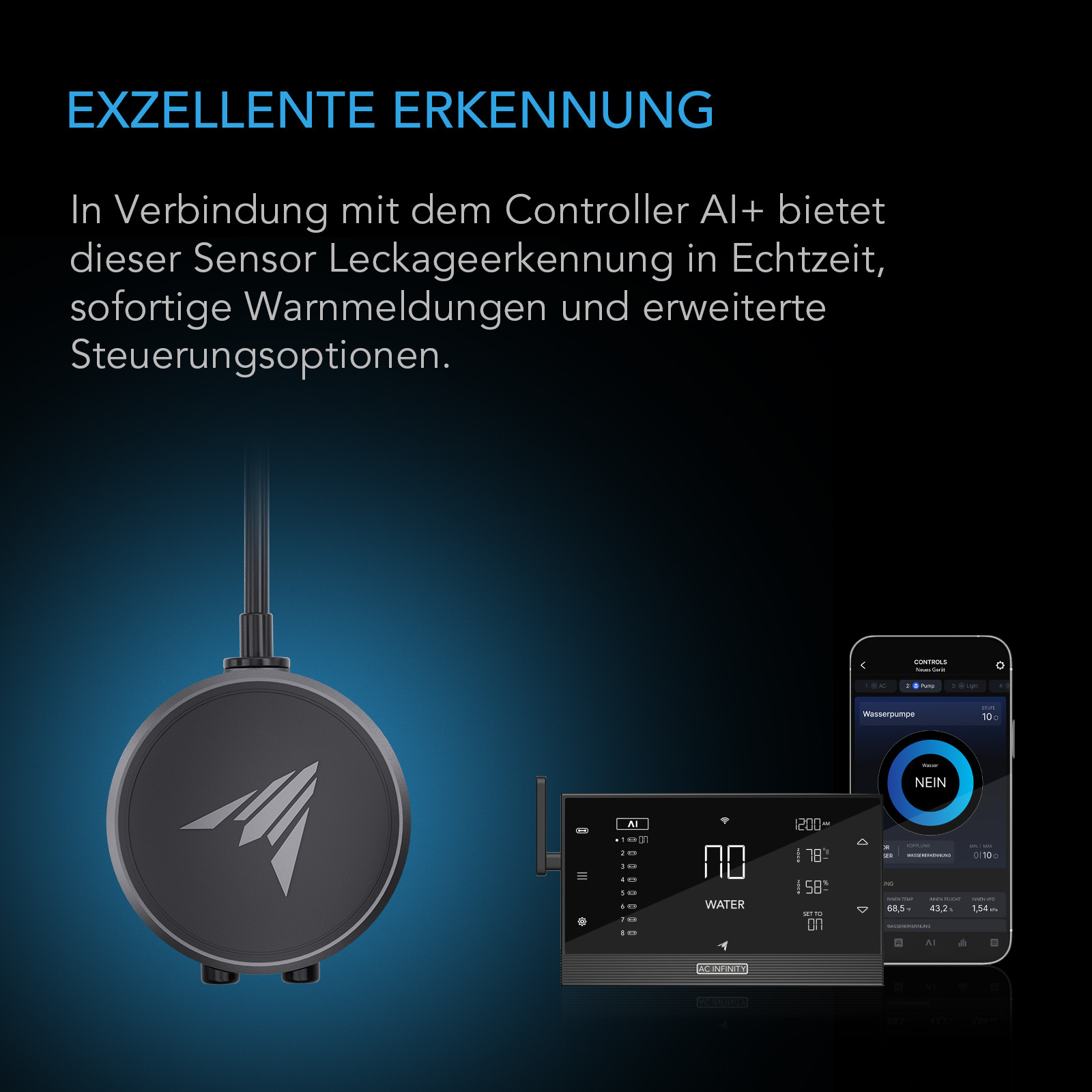 AC Infinity Wassersensor mit Controller AI+ und Smartphone-App für Echtzeit-Warnmeldungen bei erkannten Flüssigkeiten