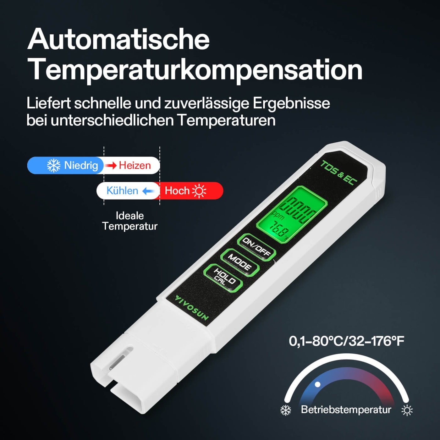 Digitales VIVOSUN TDS EC Messgerät mit LCD-Anzeige für präzise Wasseranalyse