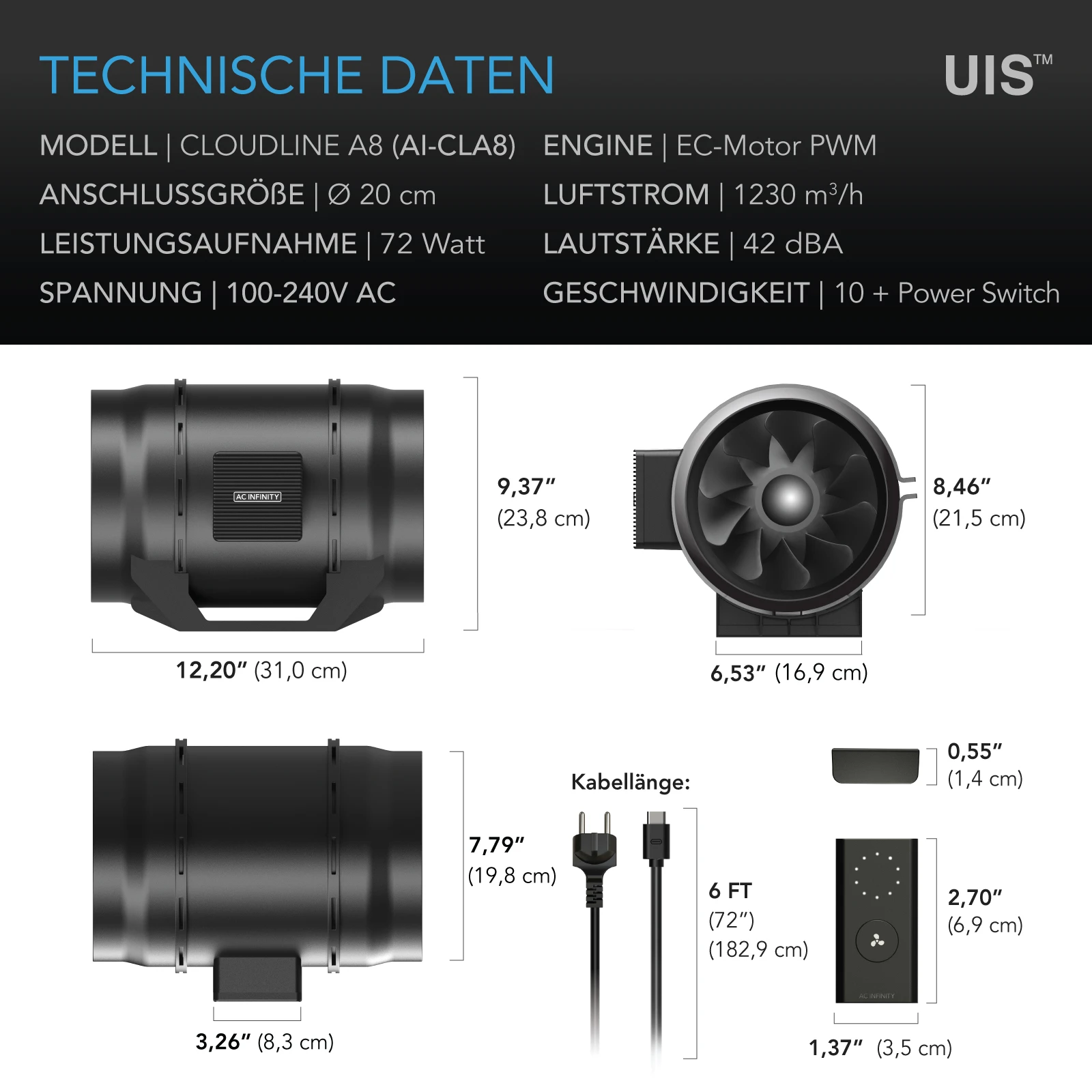 AC Infinity CLOUDLINE A8, Inline-Rohrventilator, 200 mm, Drehzahlregler