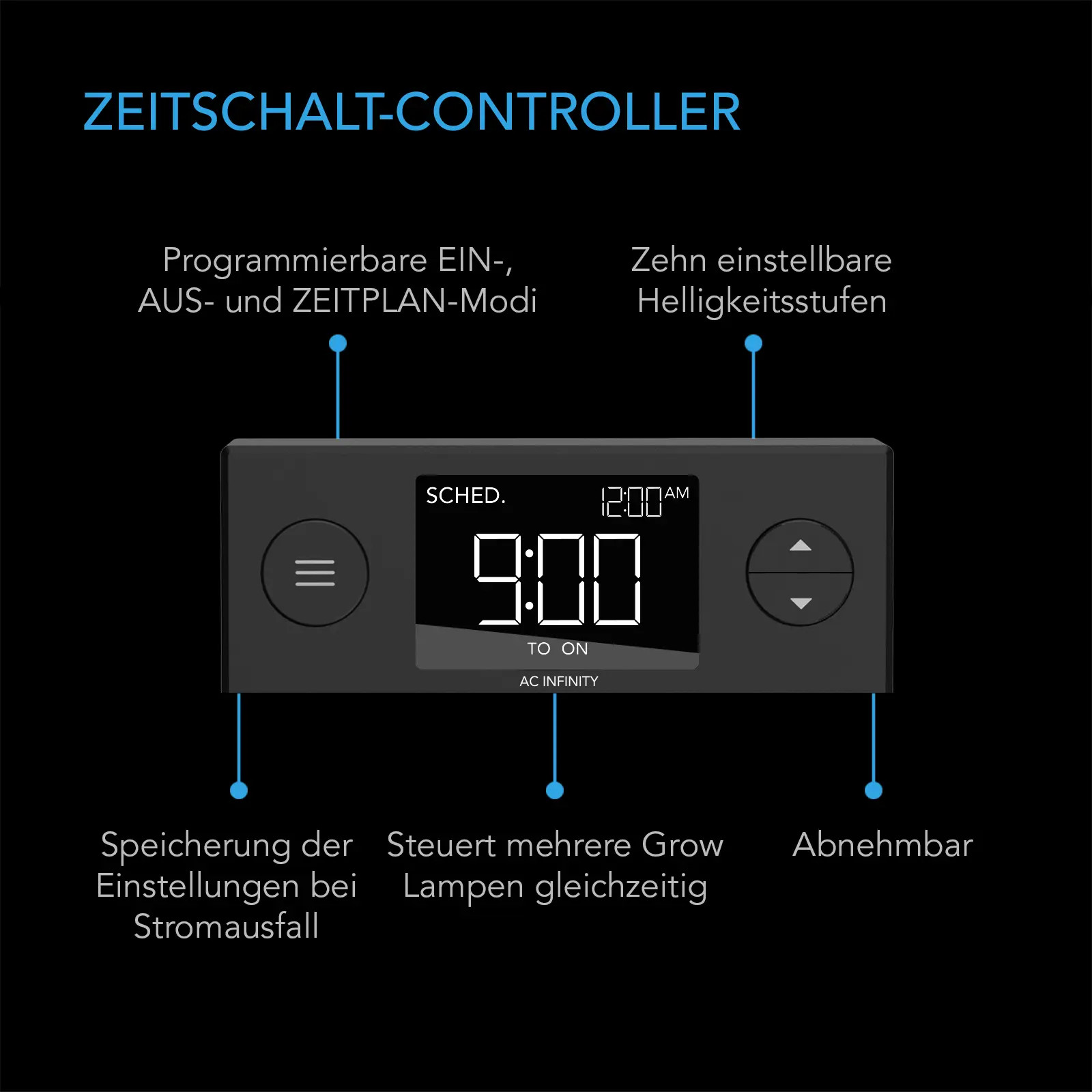 AC Infinity Zeitschalt-Controller mit Zeitplanfunktion, zehn Helligkeitsstufen und Speicherung der Einstellungen bei Stromausfall