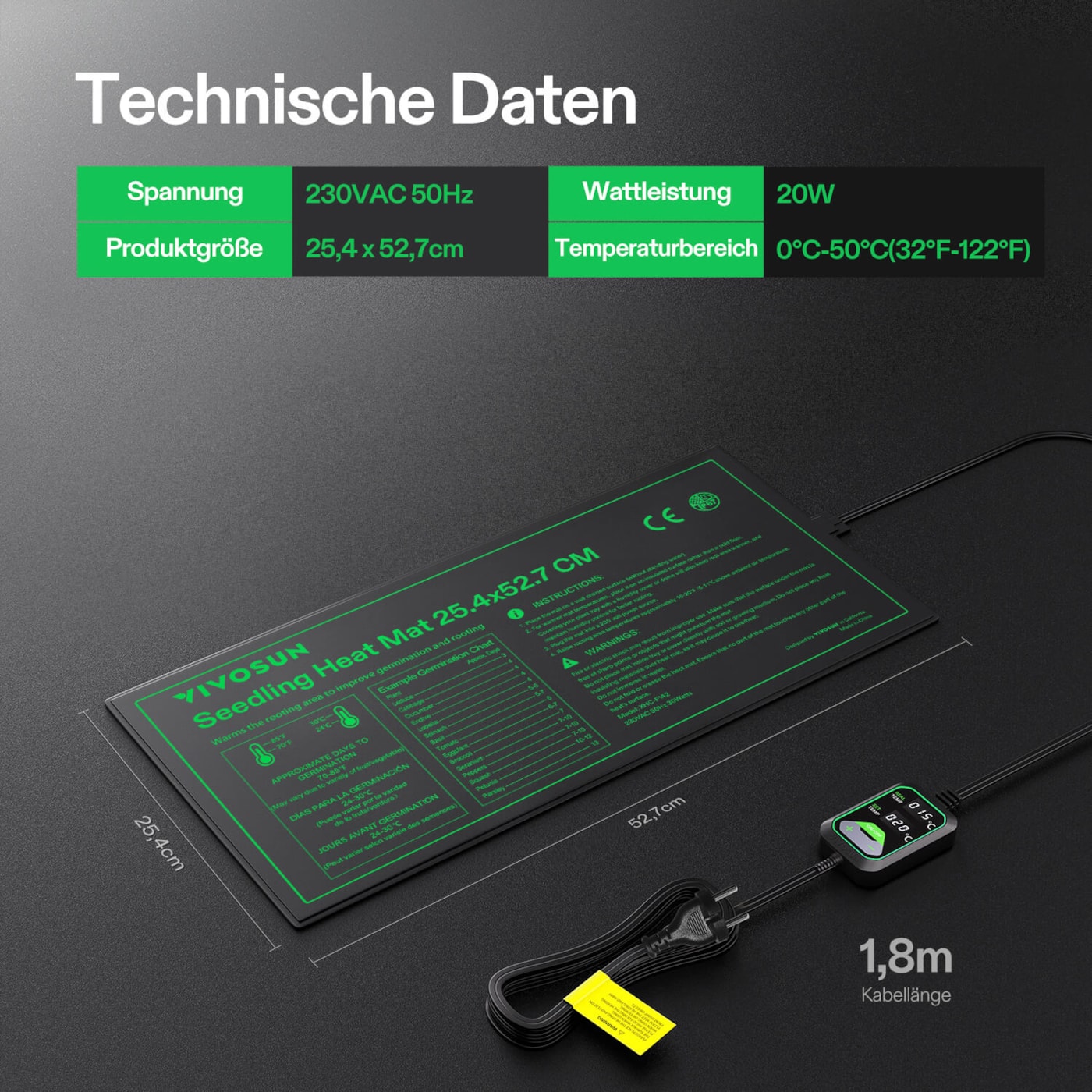 VIVOSUN Heizmatte 25,4 × 52,9 cm mit digitalem Thermostat