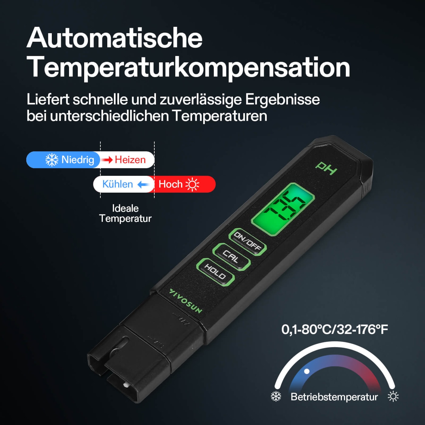 VIVOSUN pH-Messgerät mit praktischer Hold-Funktion zum Speichern des Messwerts