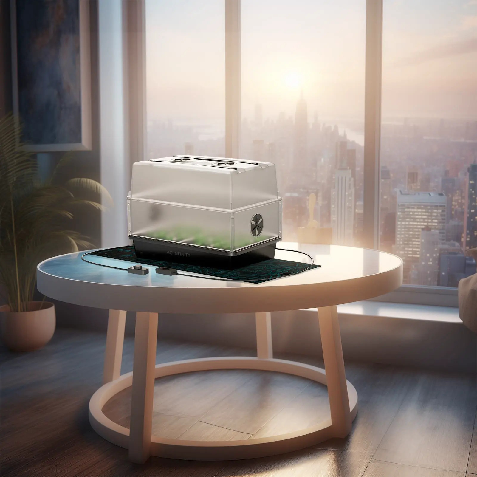 AC Infinity Stecklings-Gewächshaus mit transparenter Kuppel und Heizmatte auf einem Tisch in einem hellen Wohnraum