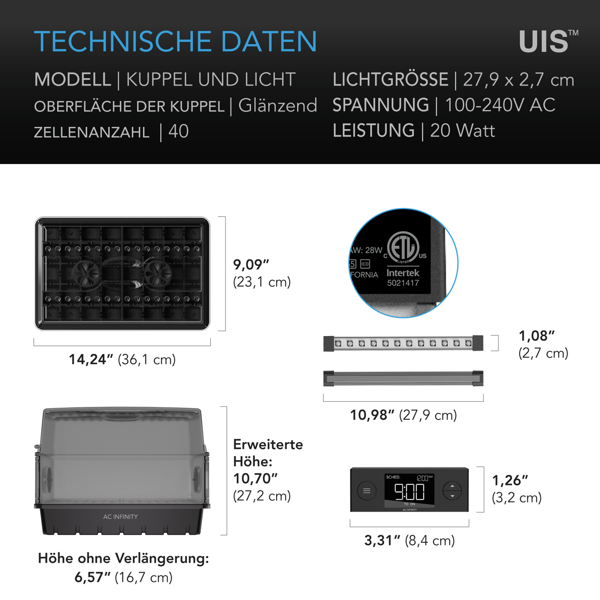 AC Infinity Stecklings-Gewächshaus mit Höhenverlängerung, Samsung LM301H EVO LED, 5×8 Tablett