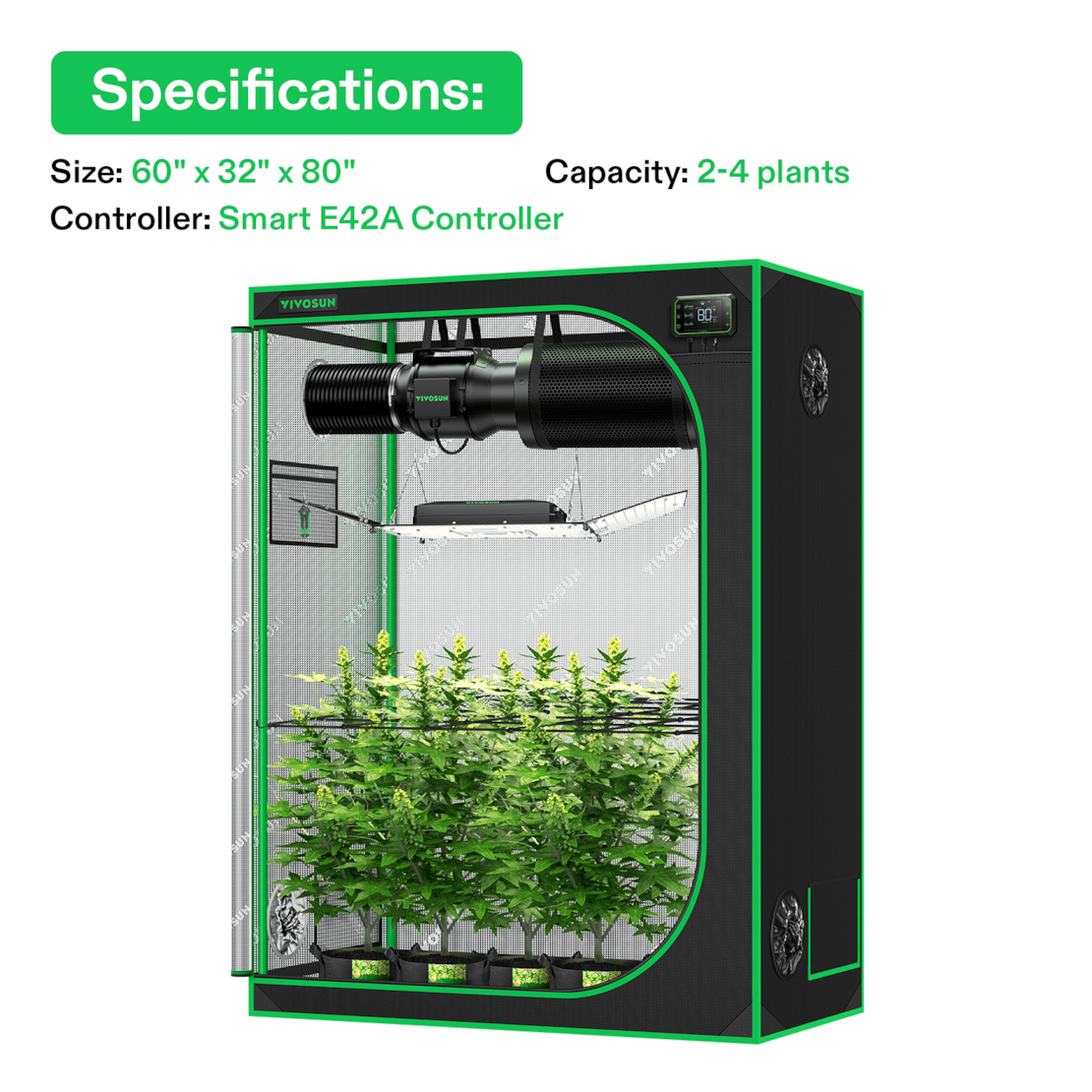VIVOSUN Smart Growbox Komplettset 150x80x200cm mit AeroLight Wing 200W und E42A Controller