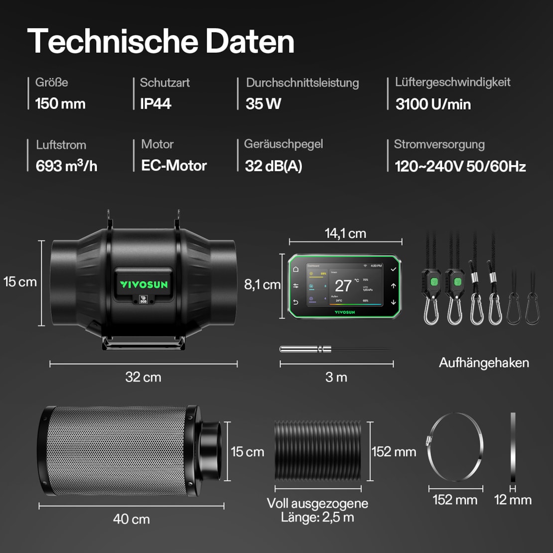 VIVOSUN AeroZesh T6 Smart Luftfiltration Kit Pro 15 cm mit E42A+ Controller
