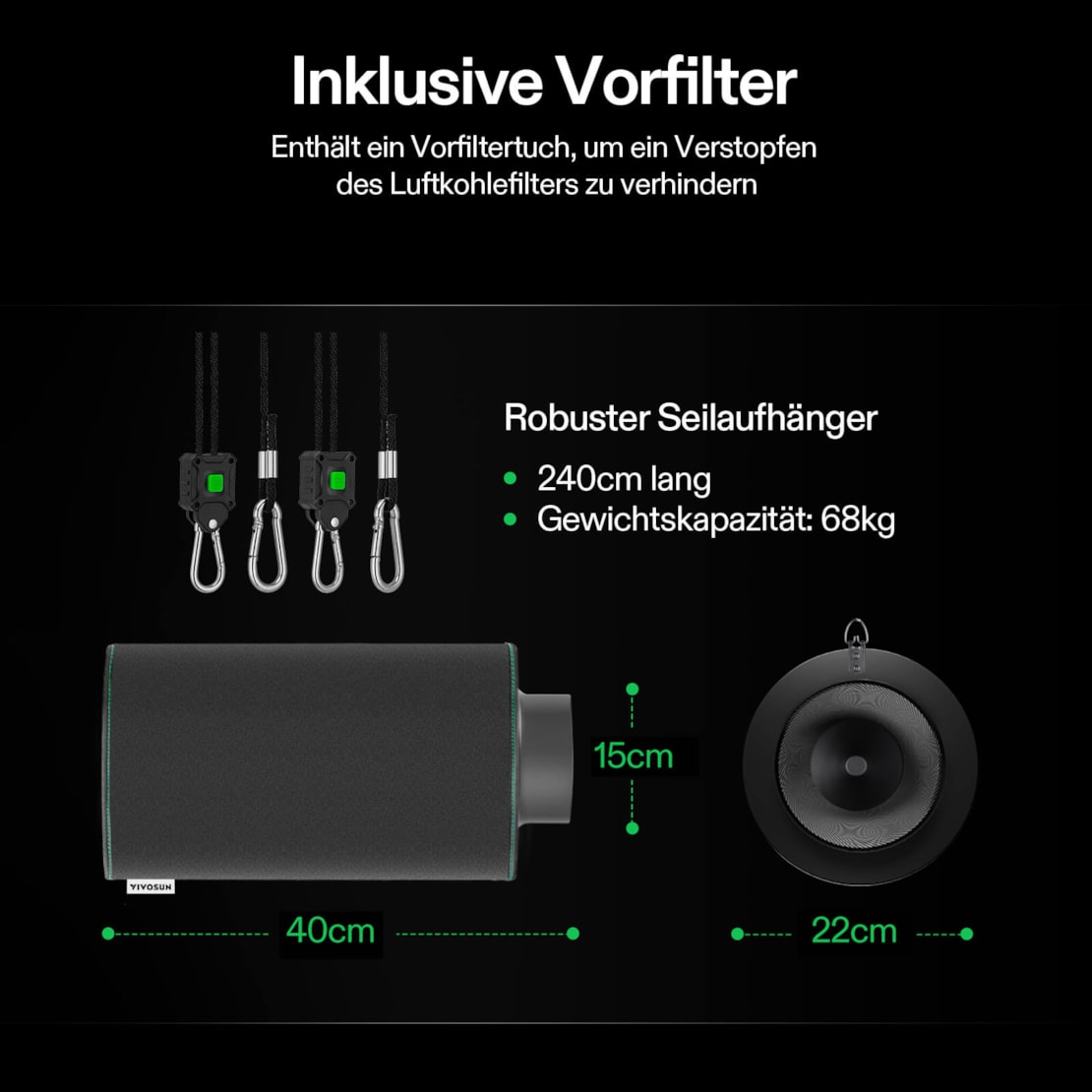 VIVOSUN Aktivkohlefilter 15 cm Flansch bis 650 m³/h – Schwarz