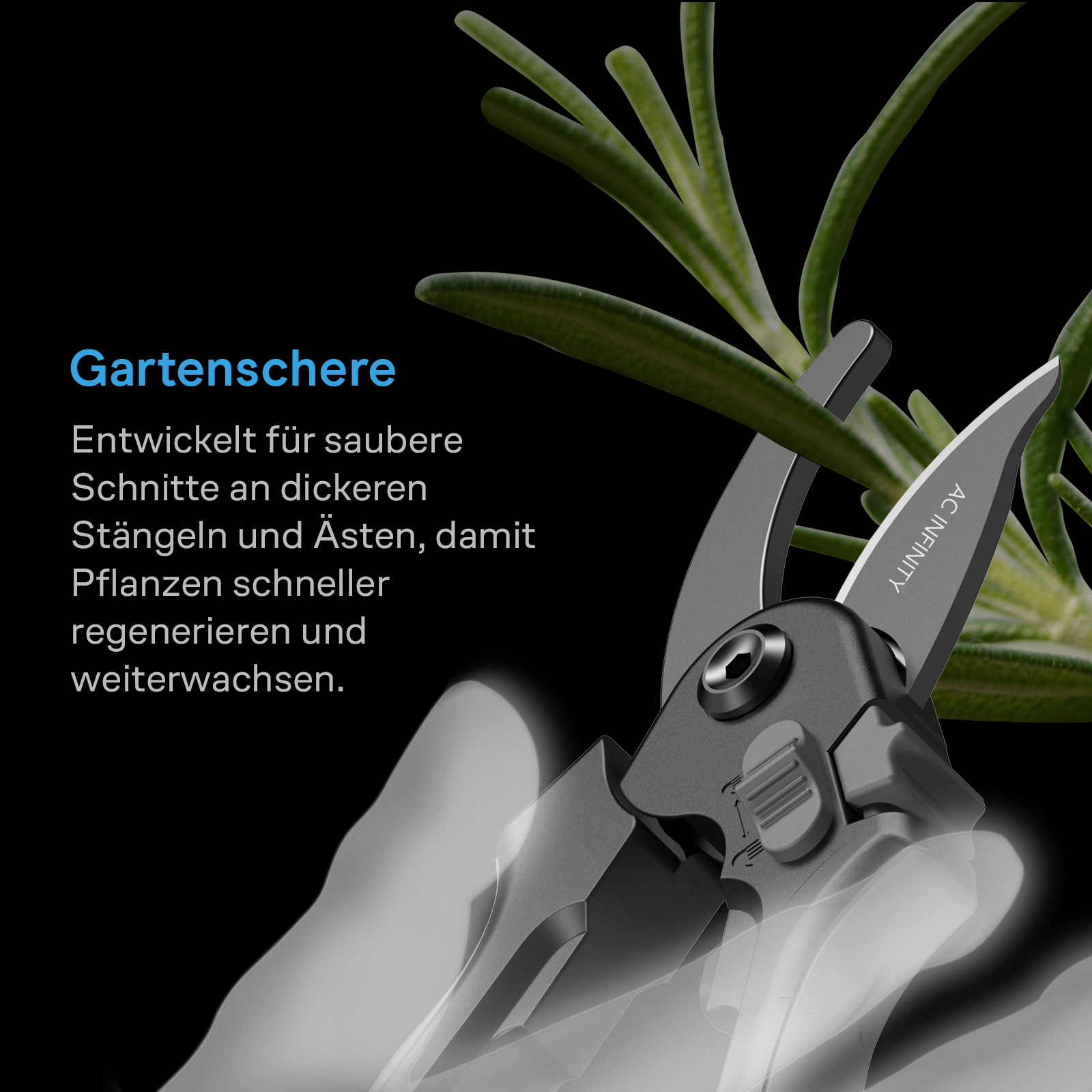 AC Infinity Bypass-Gartenschere beim Schneiden eines kräftigen Pflanzenstängels für saubere und präzise Schnitte