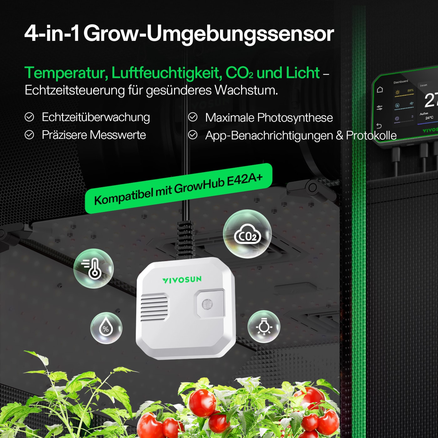 VIVOSUN 4-in-1 Sensor mit CO₂ Temperatur Luftfeuchtigkeit und VPD