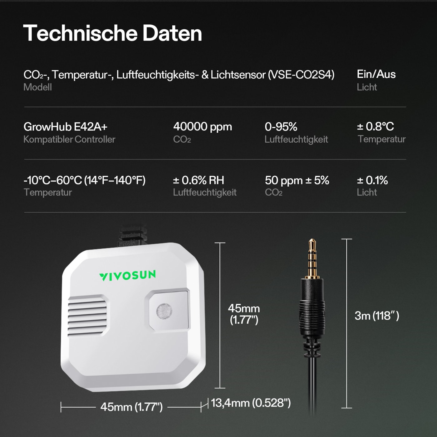 VIVOSUN 4-in-1 Sensor mit CO₂ Temperatur Luftfeuchtigkeit und VPD