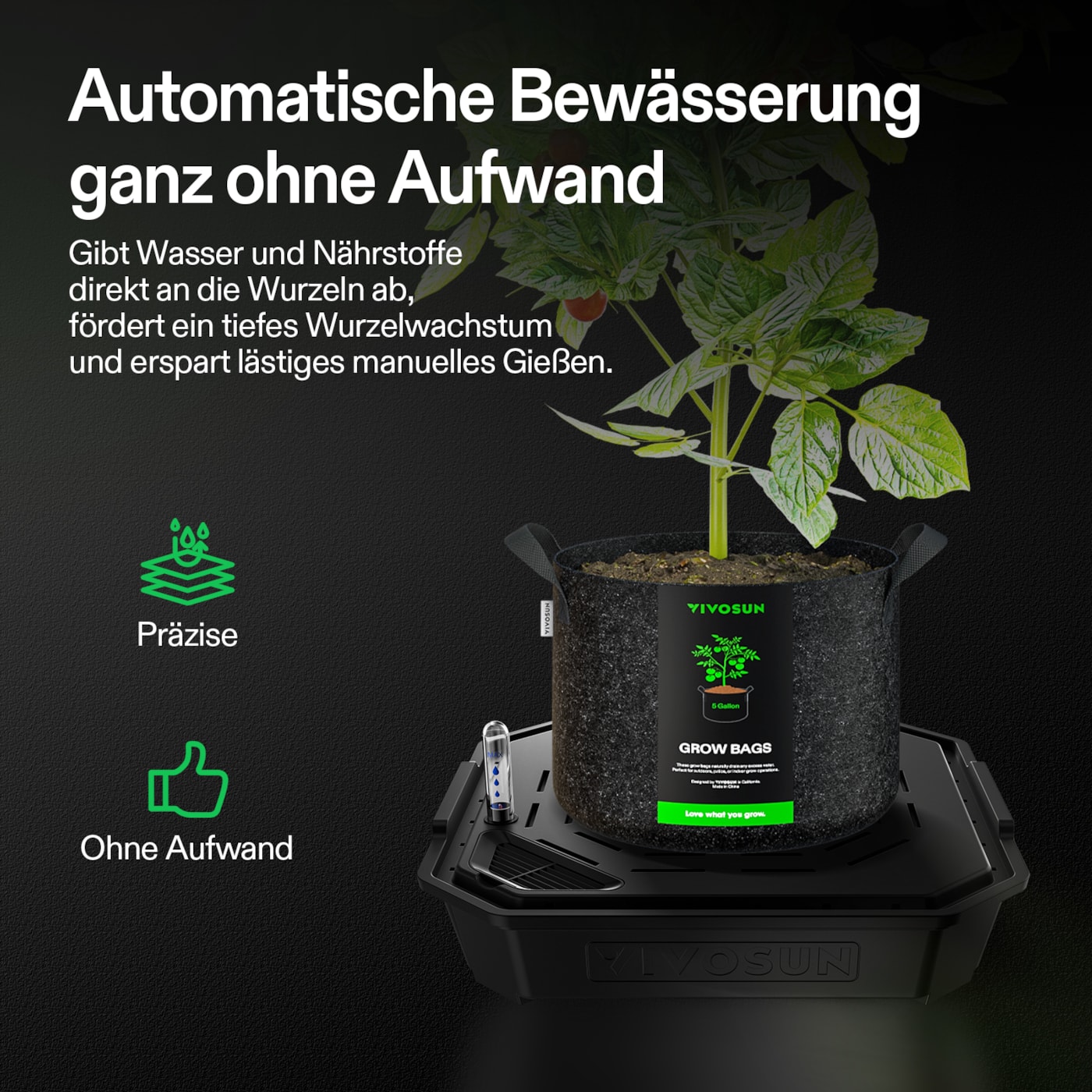 VIVOSUN FlexFeed Selbstbewässerungs Set mit 19 L Stofftöpfen 4er-Pack
