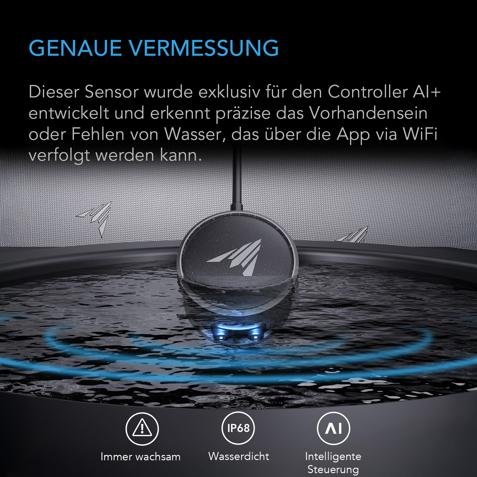 AC Infinity Wassersensor erkennt Wasser in Echtzeit und übermittelt den Status über den Controller AI+ und die WLAN-App