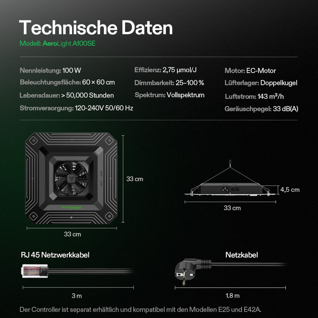 VIVOSUN AeroLight A100SE LED Grow Light 100W Vollspektrum