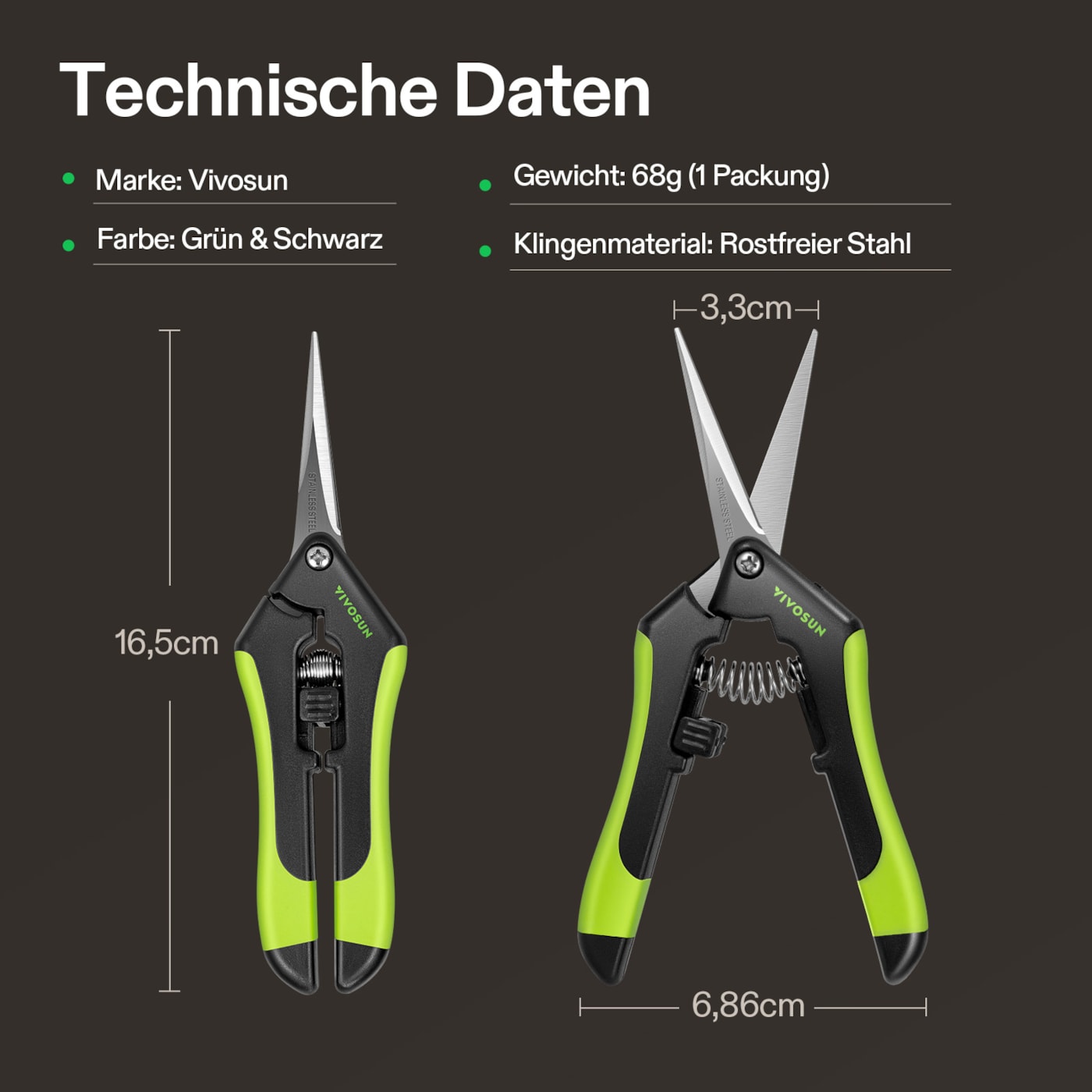 VIVOSUN Pflanzenschere mit gerader Edelstahlklinge für saubere Schnitte an Pflanzen Technische Daten