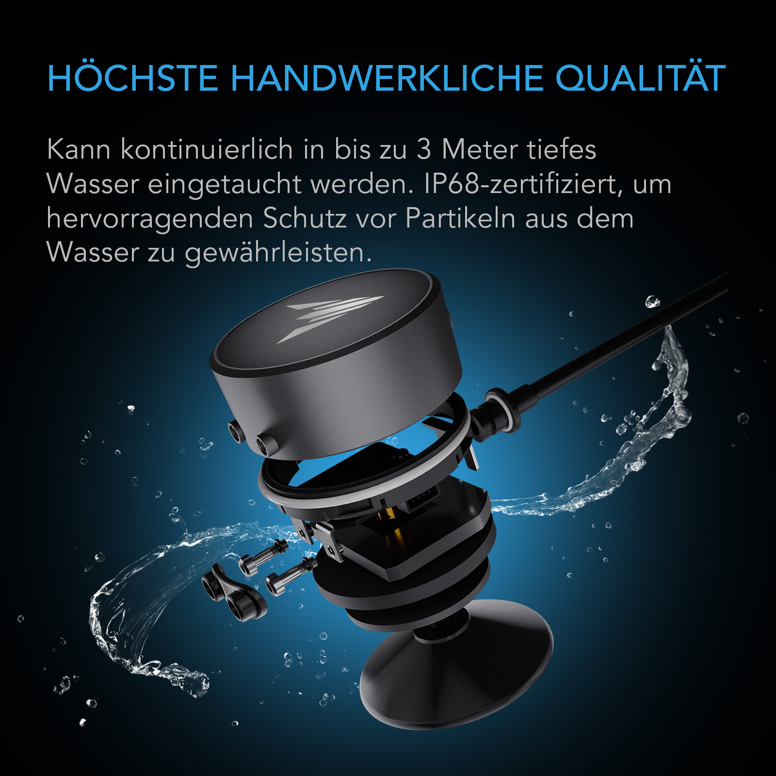 Explosionsdarstellung des IP68-zertifizierten AC Infinity Wassersensors mit wasserdichtem Gehäuse und Saugnapfhalterung