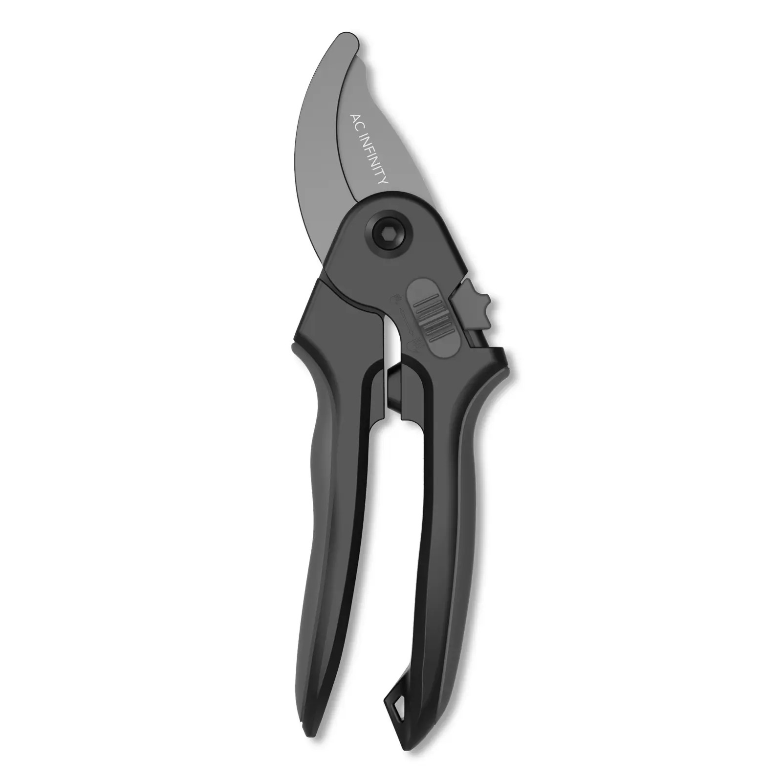 Schwarze AC Infinity Gartenschere mit gebogenen Bypass-Klingen, ergonomischen Griffen und Sicherheitsverschluss