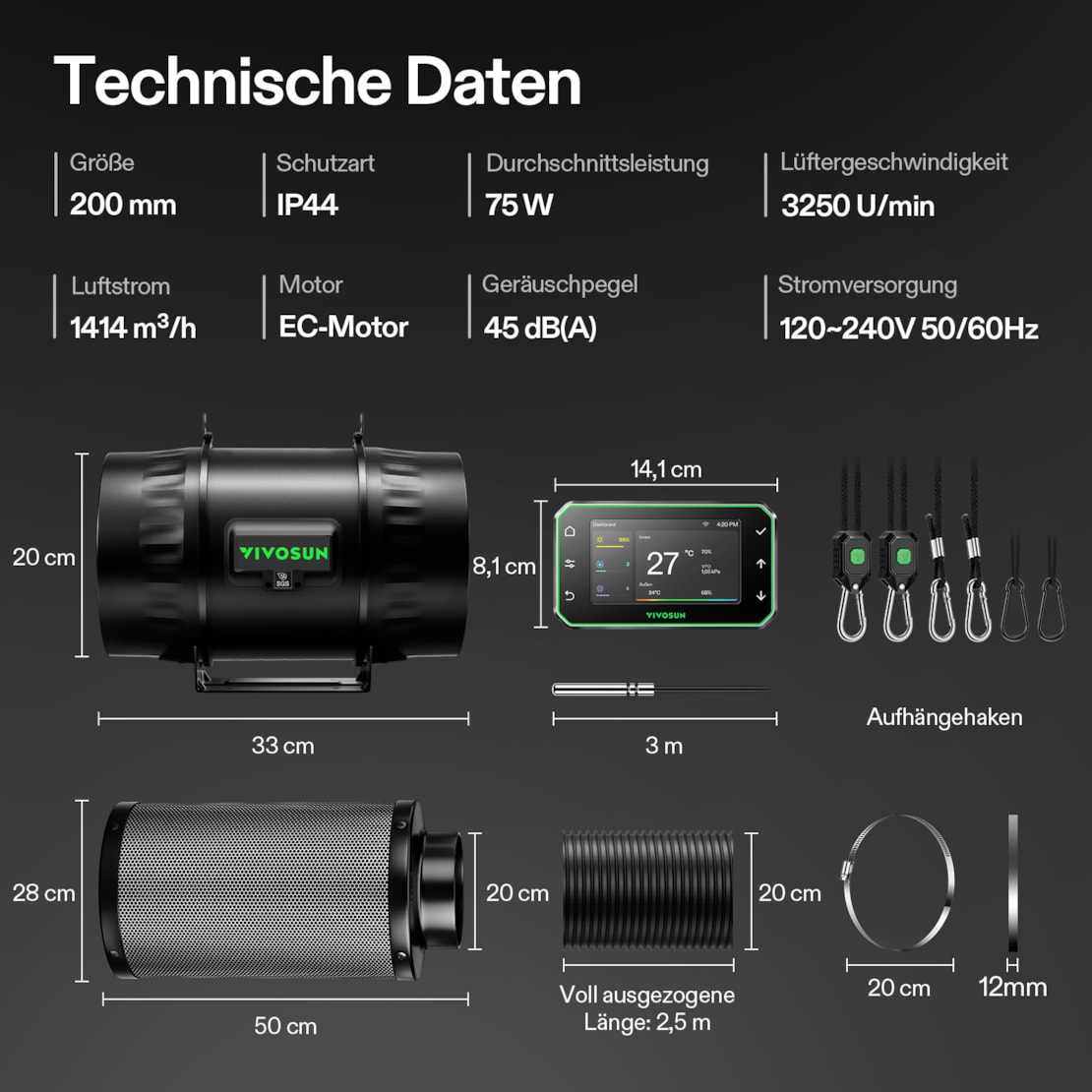 VIVOSUN AeroZesh T8 Smart Luftfiltration Kit Pro 20 cm mit E42A+ Controller