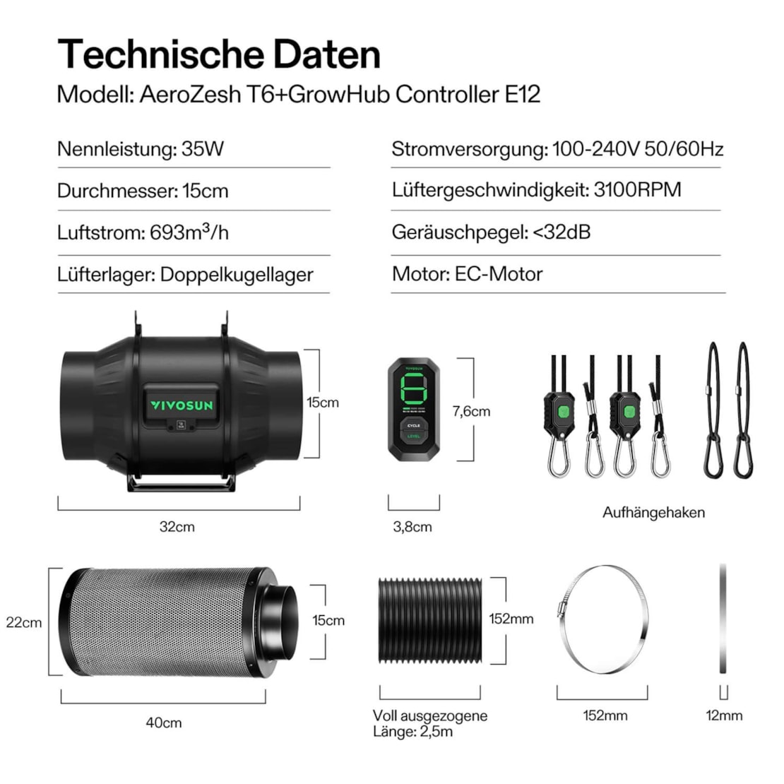 VIVOSUN AeroZesh T6 Smart Luftfiltration Kit 15 cm mit E12-Geschwindigkeitsregler