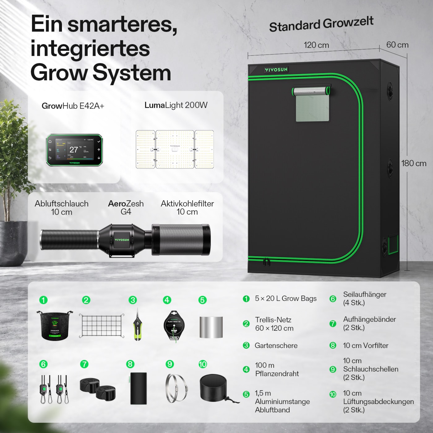 VIVOSUN Smart Growbox Komplettset 120x60x180 cm mit LumaLight 200W und GrowHub E42A+