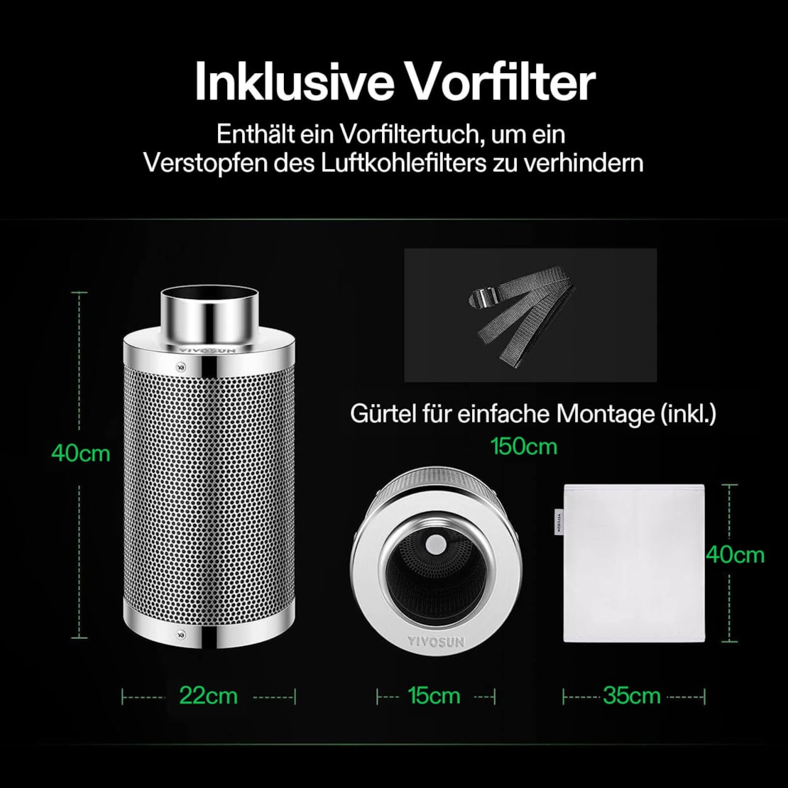 VIVOSUN Aktivkohlefilter 10 cm Flansch bis 500 m³/h – Silber