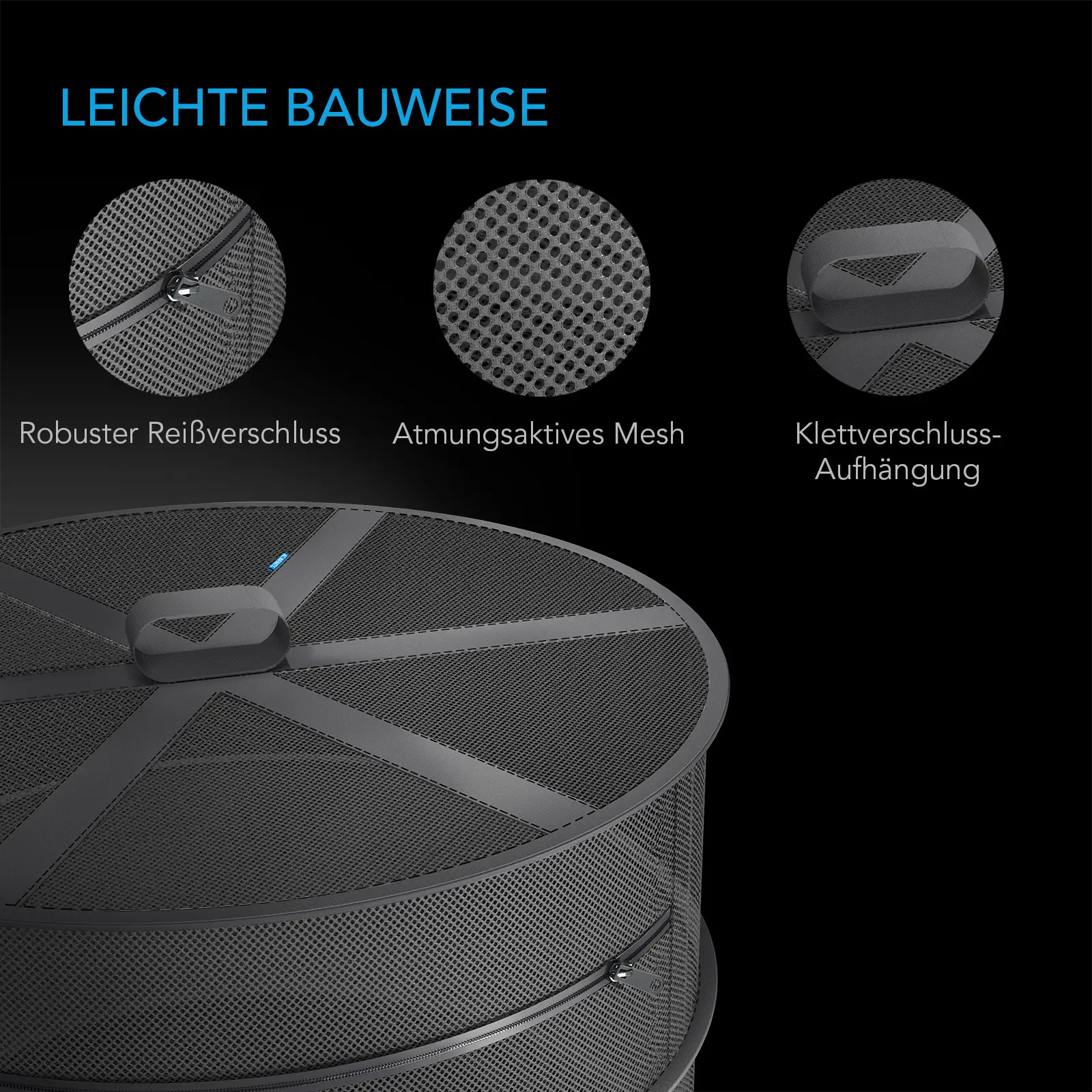 Detailansicht des AC Infinity Trockennetzes mit robusten Reißverschlüssen, atmungsaktivem Mesh und Klettschlaufe zur einfachen Aufhängung