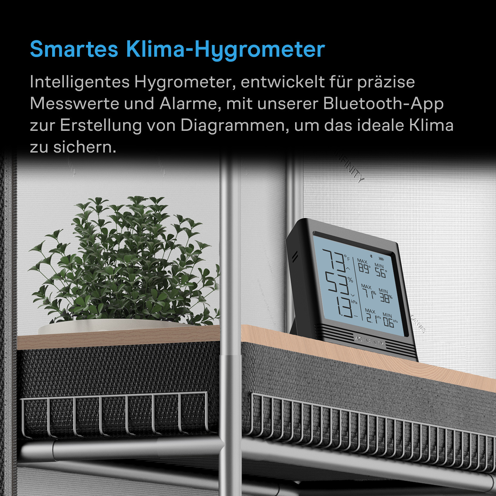 AC Infinity Hygrometer B2 im Growzelt zur präzisen Messung und Überwachung des Pflanzenklimas per Bluetooth-App