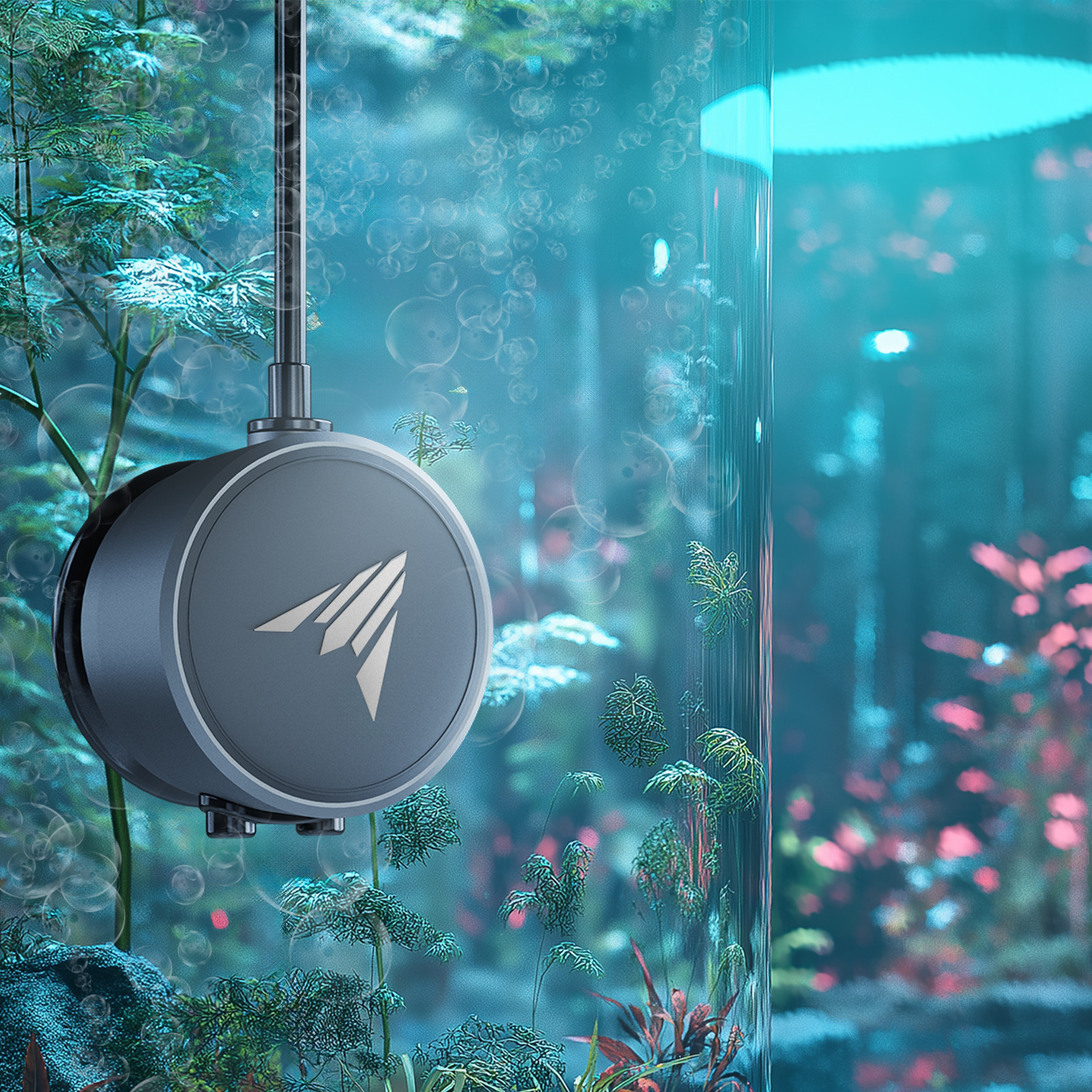 AC Infinity Wassersensor mit Saugnapf an einem transparenten Wasserbehälter zur Überwachung des Flüssigkeitsstands und möglicher Leckagen