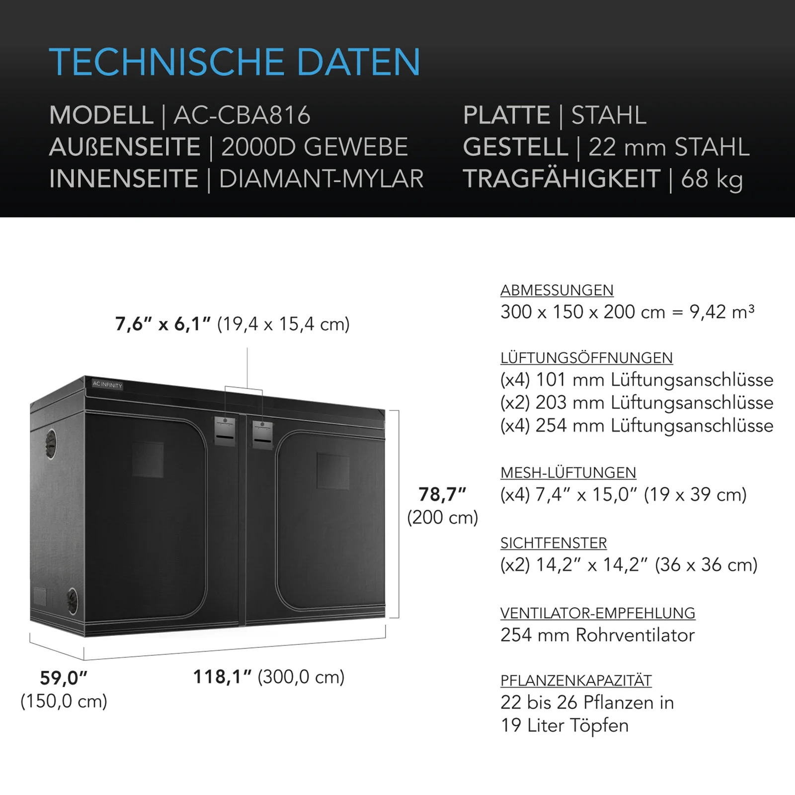 AC Infinity CLOUDLAB 816 Advance Grow Zelt 300x150x200 cm