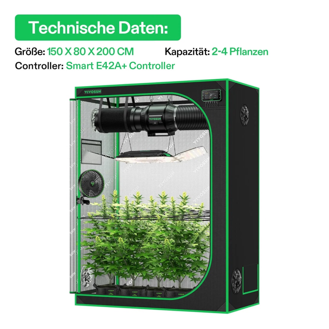 VIVOSUN Smart Growbox Komplettset Pro 150x80x200 cm mit AeroLight Wing 200W und E42A+ Controller