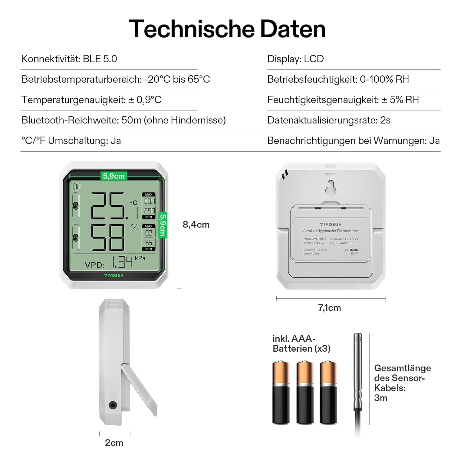 VIVOSUN AeroLab THB1S Bluetooth Thermometer mit Sensor (B-Ware)