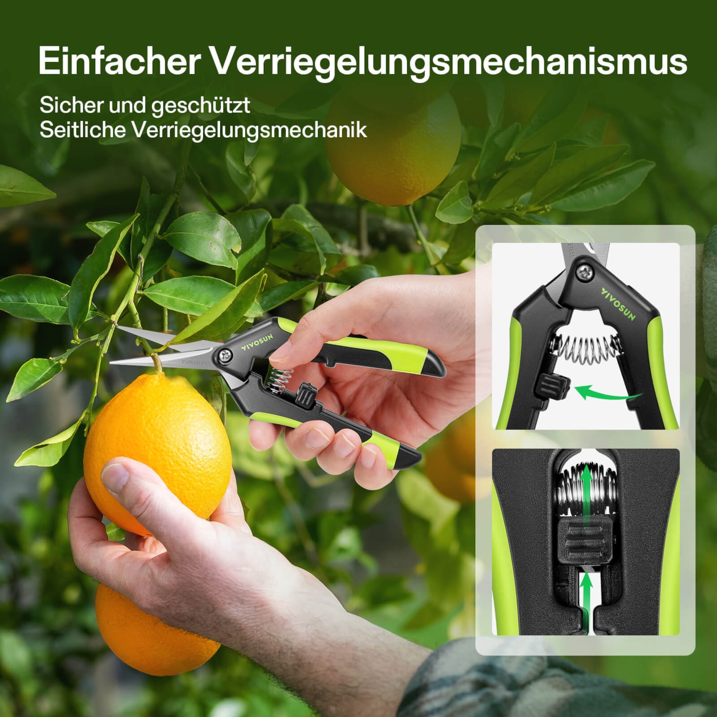 Kompakte VIVOSUN Gartenschere Schwarzgrün für präzise Schnitte im Garten und Growbereich