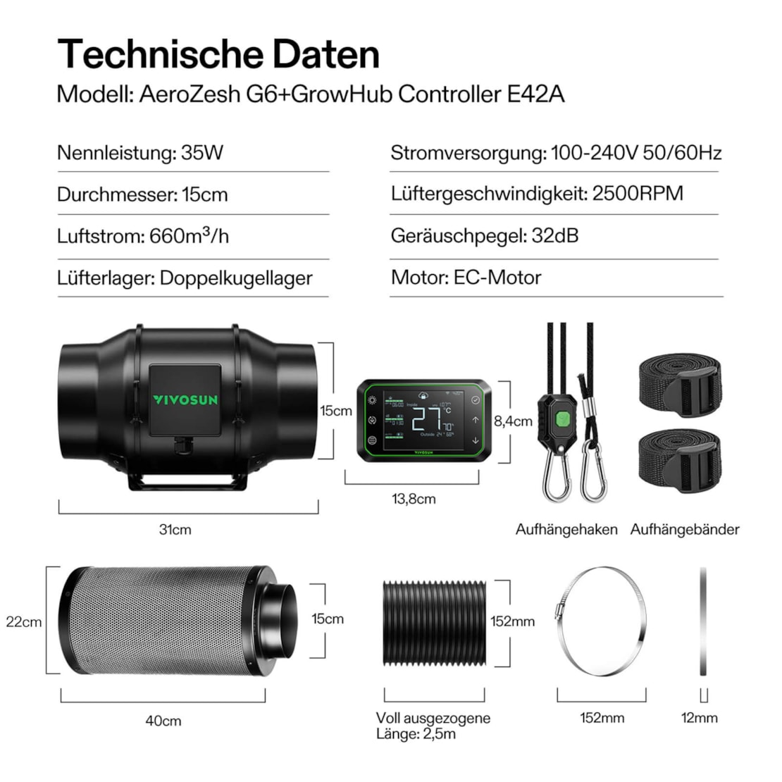 VIVOSUN AeroZesh G6 Smart Luftfiltration Kit 15 cm mit E42A Controller