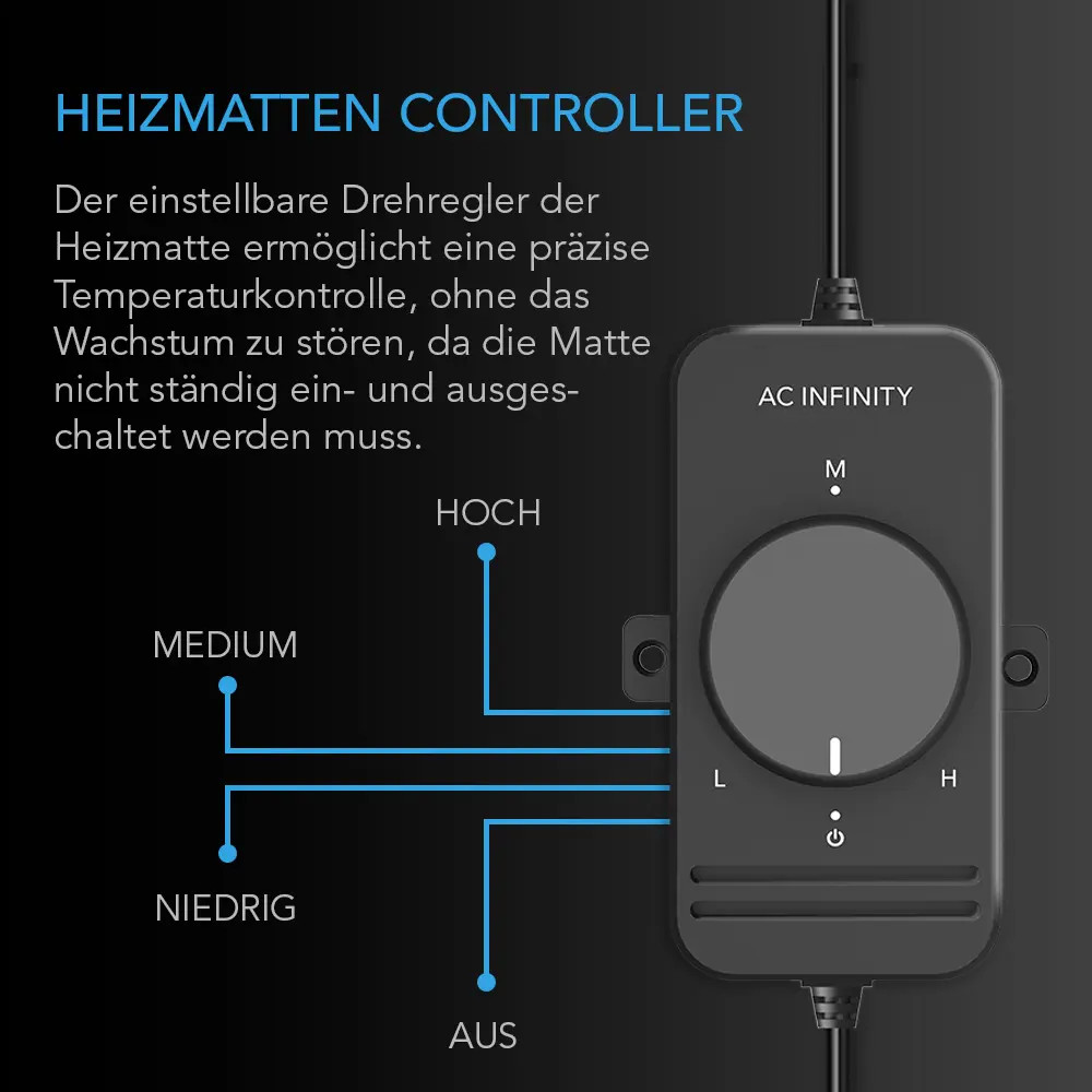 AC Infinity Heizmatten-Controller mit Drehregler und den Leistungsstufen niedrig, mittel, hoch und aus