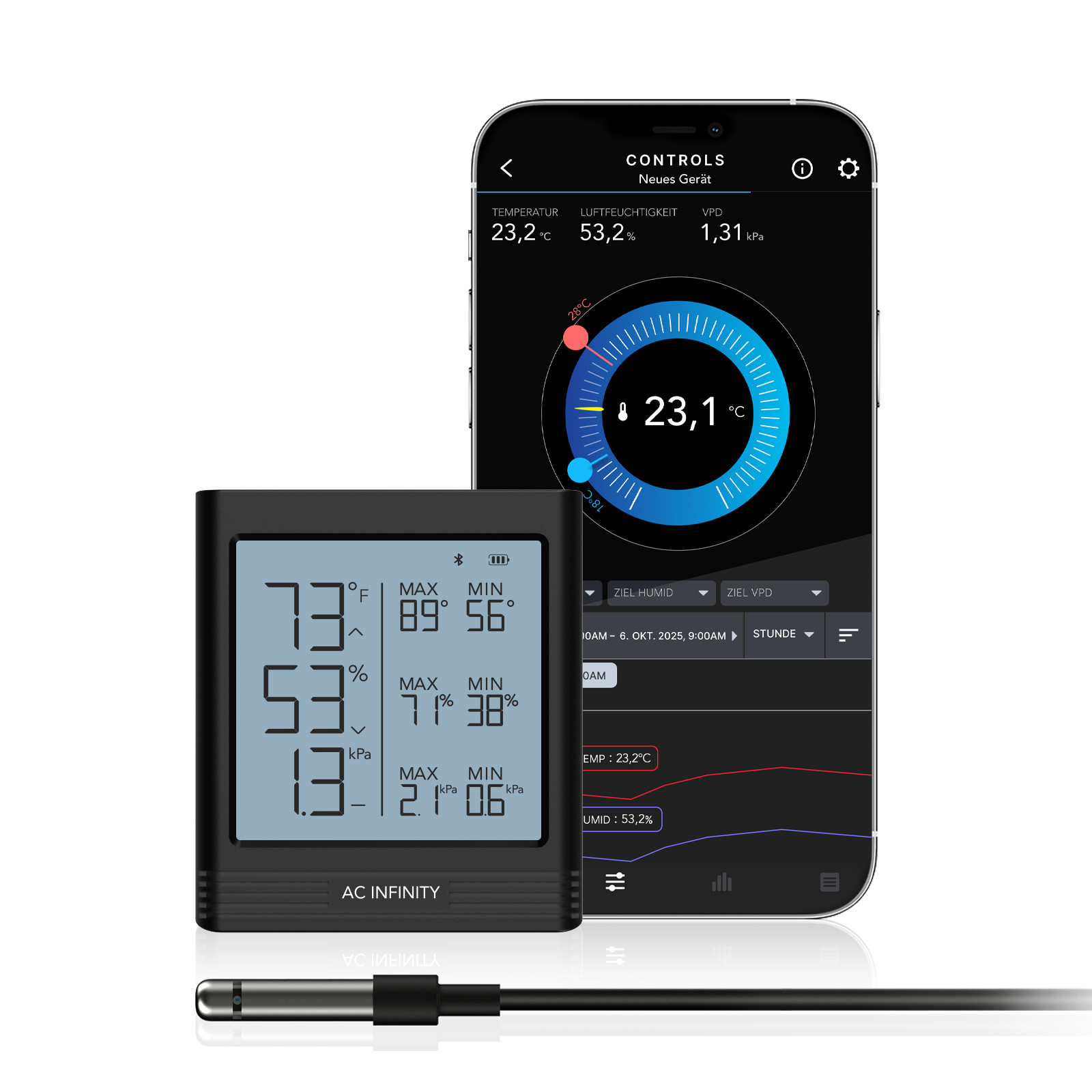 AC Infinity Smart Hygrometer B1 mit LCD-Display, externem Klimasensor und Smartphone-App zur Überwachung von Temperatur, Luftfeuchtigkeit und VPD