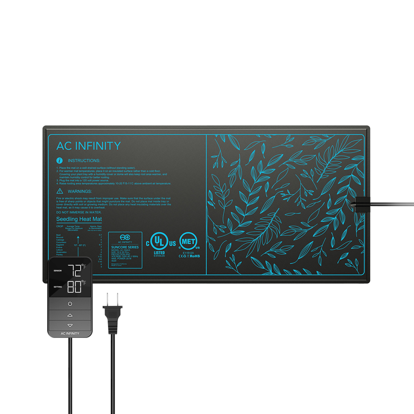 AC Infinity Keimungsheizmatte mit digitalem Temperatur-Controller und Netzstecker auf hellem Hintergrund