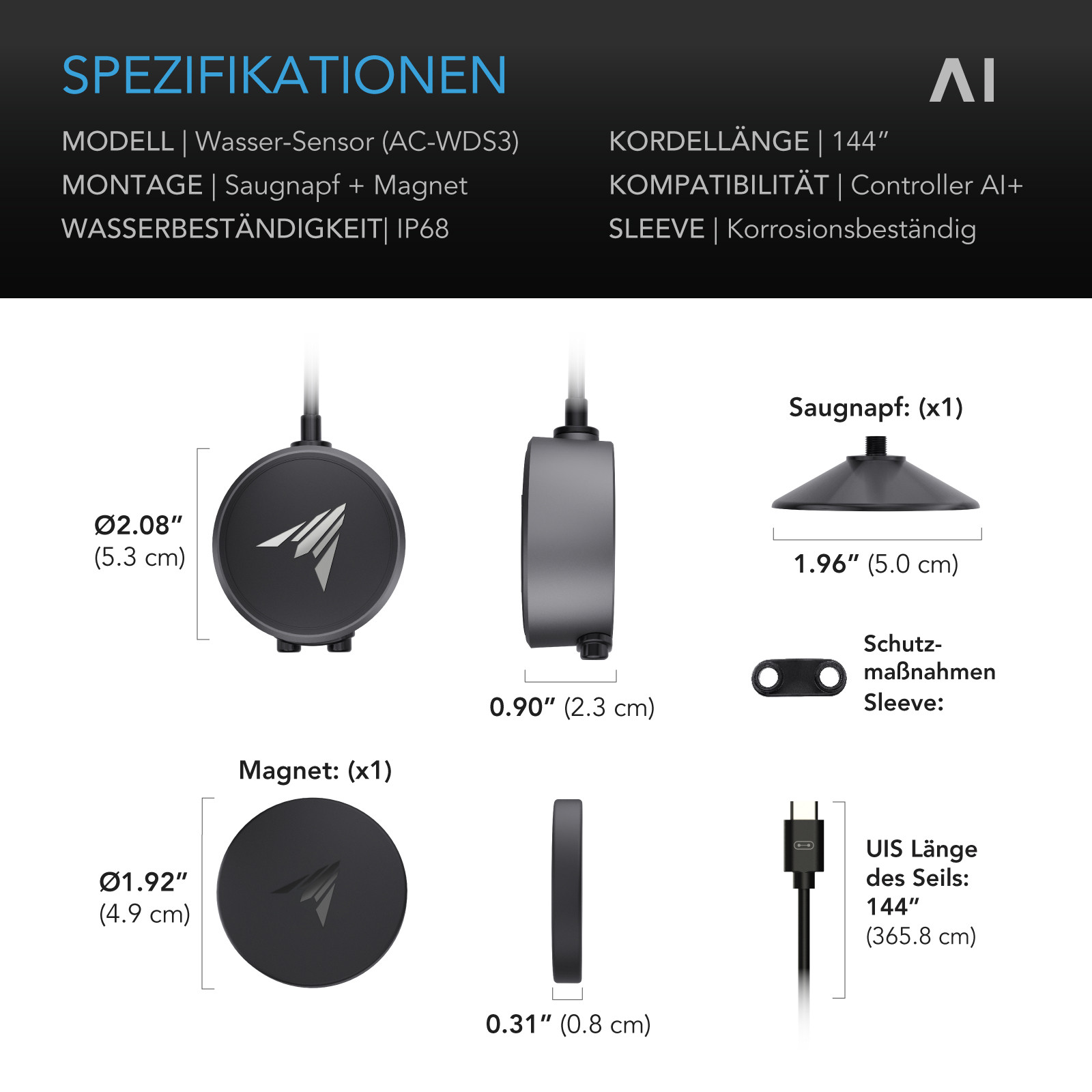 Maße und Spezifikationen des AC Infinity Wassersensors AC-WDS3 mit IP68, Saugnapf, Magnet und 365,8 Zentimeter langem UIS-Kabel