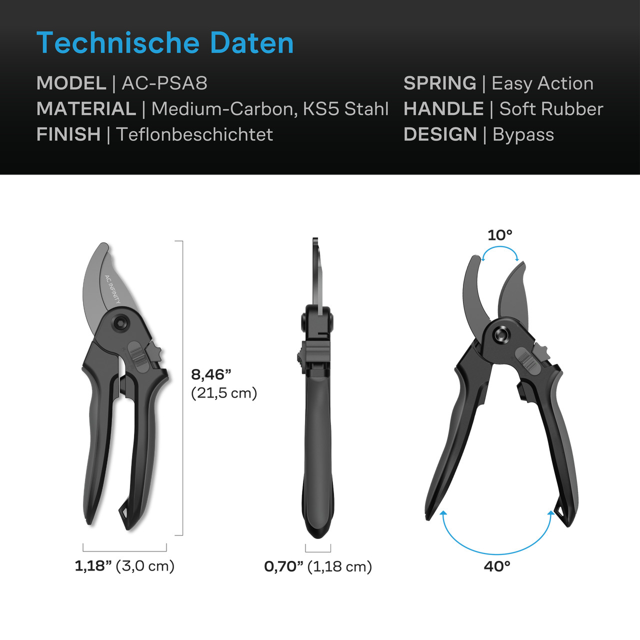 Abmessungen und technische Daten der AC Infinity Gartenschere AC-PSA8 mit KS5-Stahl, Teflonbeschichtung, Federmechanismus und Softgrip-Griffen