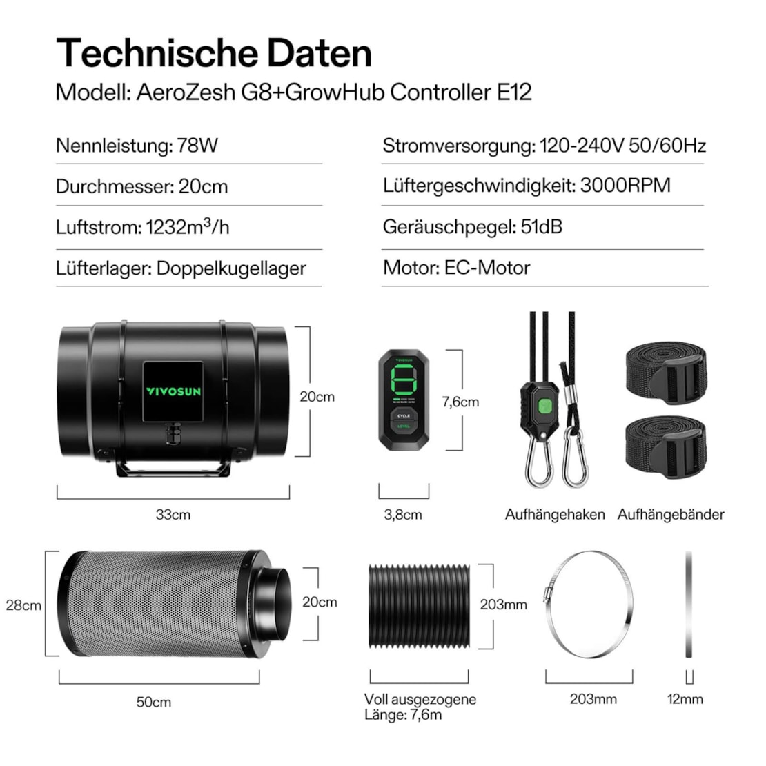 VIVOSUN AeroZesh G8 Smart Luftfiltration Kit 20 cm mit E12-Geschwindigkeitsregler