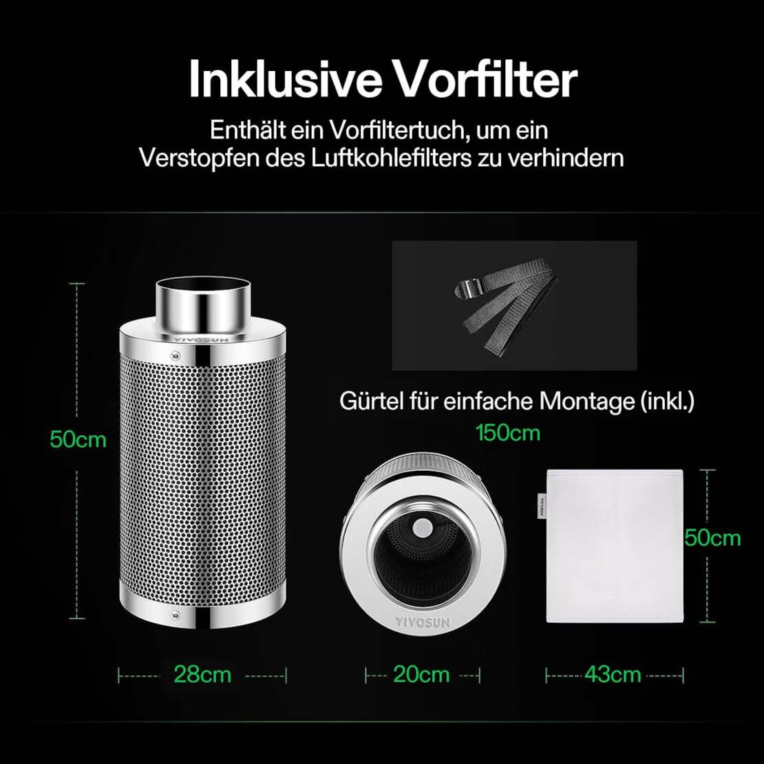 VIVOSUN Aktivkohlefilter 20 cm Flansch bis 1002 m³/h – Silber