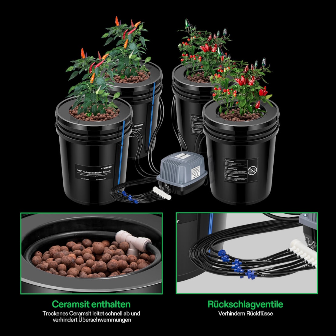 VIVOSUN DWC Hydroponik-System 18,9 L – 4-Eimer-Kit Top-Drip