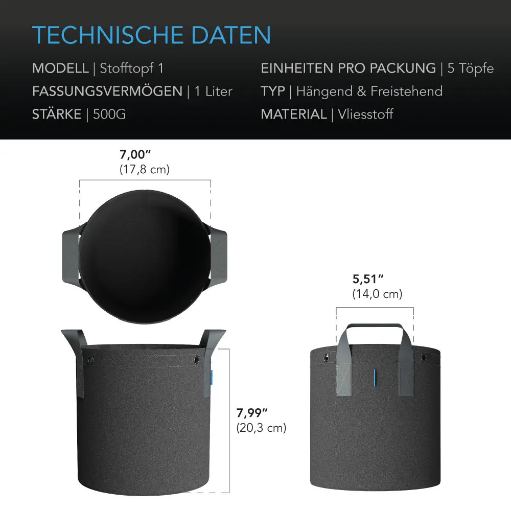 Abmessungen und technische Daten des AC Infinity Stofftopfs mit 3,8 Liter Volumen, 17,8 Zentimeter Durchmesser und 20,3 Zentimeter Höhe