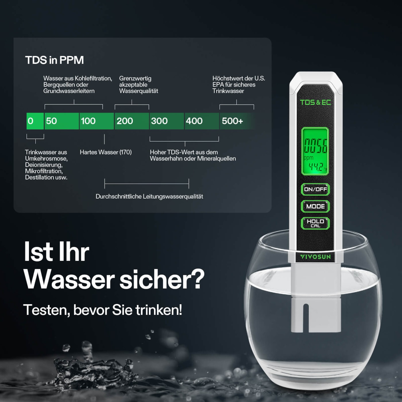 VIVOSUN TDS EC und Temperaturmessgerät zur Prüfung von Trinkwasser und Aquarienwasser