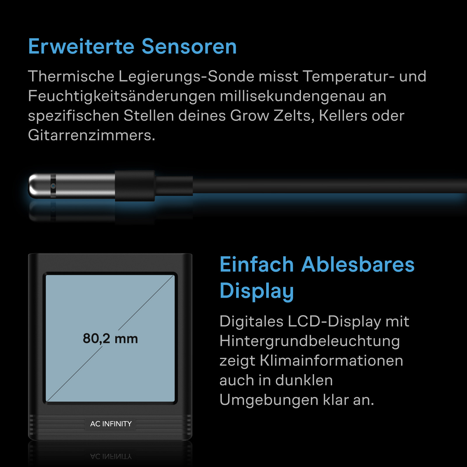 Externer Klimafühler des AC Infinity Hygrometers B1 zur präzisen Messung von Temperatur und Luftfeuchtigkeit an ausgewählten Positionen