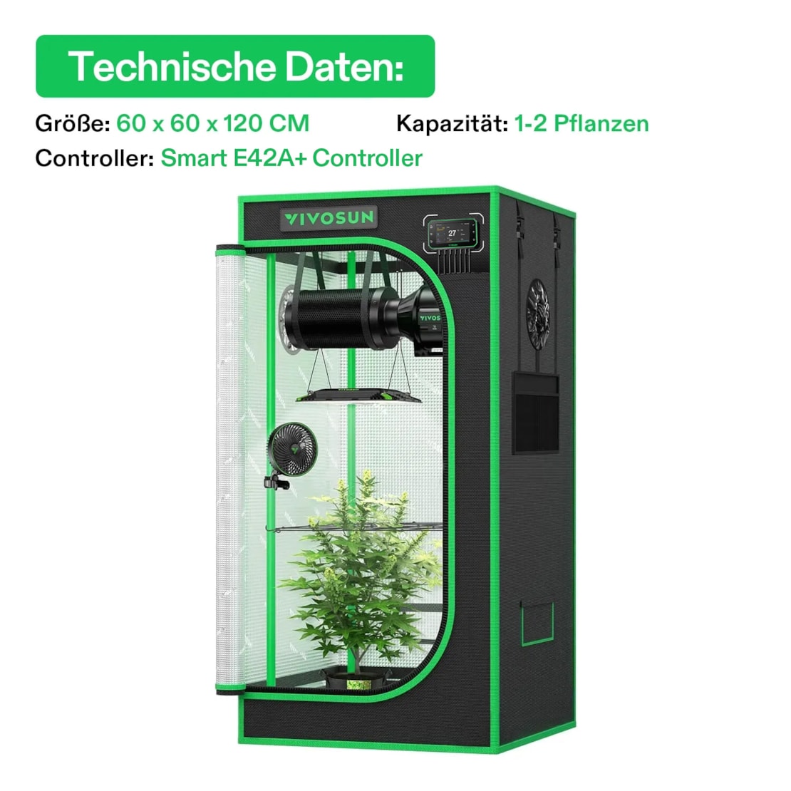 VIVOSUN Smart Growbox Komplettset Pro 60x60x120 cm mit AeroLight 100W und E42A+ Controller