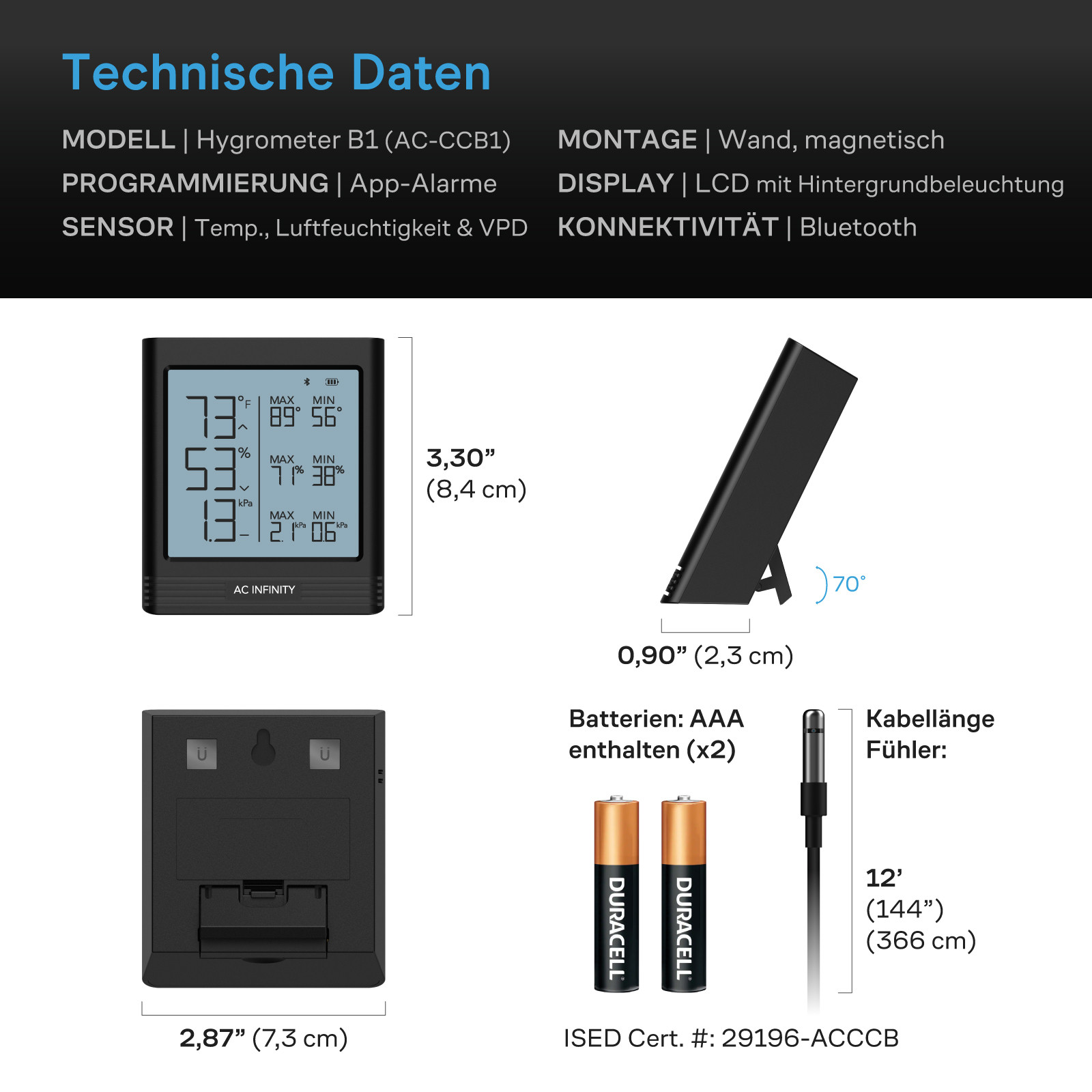 Abmessungen und technische Daten des AC Infinity Hygrometers B1 mit beleuchtetem LCD, Bluetooth, Magnetbefestigung und 3,66 Meter langem Sensorkabel